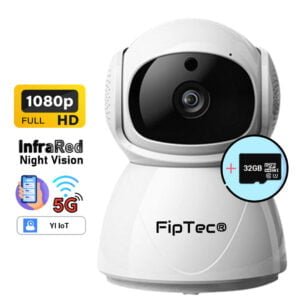 Камерата за видеонаблюдение е изобразена с карта памет 32GB FipTec LV5G с графични елементи, които представят и обясняват нейните основни характеристики.