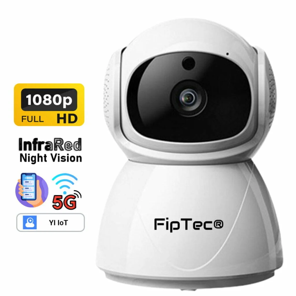 WiFi Camera 5GHz FipTec LV5G е изобразена FipTec LV5G с графични елементи, които представят и обясняват нейните основни характеристики.