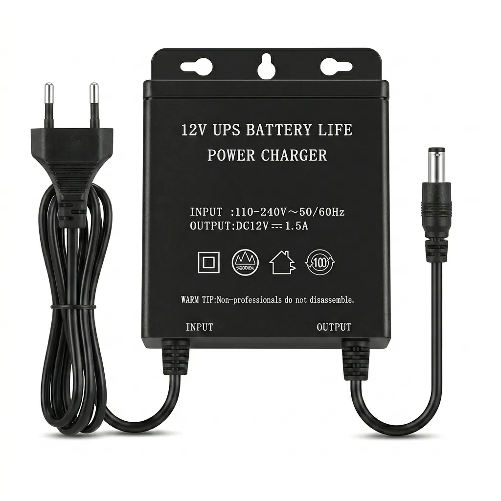 Компактна черна UPS батерия FipTec 12V за аварийно захранване на камери, включваща захранващ кабел и DC накрайник. Гарантирайте си постоянна сигурност и лесен контрол върху вашата домашна защита.