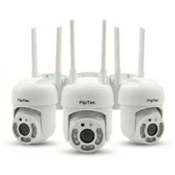 Комплект от три бели външни WiFi камери FipTec LO11, представени на чист бял фон. Тази цялостна система за охрана гарантира пълна защита на дома и осигурява заслужено спокойствие и лесен контрол.