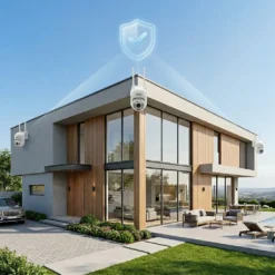 Три външни WiFi камери FipTec LO11, монтирани на модерна къща, осигуряващи пълна периметрова охрана под защитен щит. Тази интелигентна система гарантира вашата сигурност и пълно спокойствие за цялото семейство.