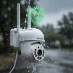 Бяла външна WiFi камера FipTec под силен дъжд, илюстрираща своята водоустойчивост чрез графичен зелен щит. Тази надеждна защита гарантира вашата сигурност и пълно спокойствие при всякакви метеорологични условия.