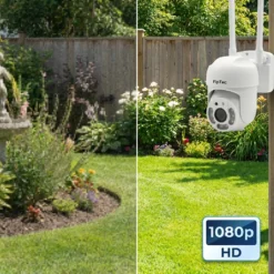 Сравнение между ниска резолюция и кристално 1080p HD качество от WiFi камера FipTec LO11 в слънчева градина. Високата детайлност гарантира надеждна сигурност и пълно спокойствие за вашия имот.