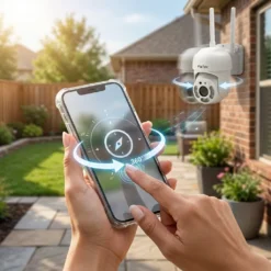 Потребител управлява въртящата се на 360 градуса WiFi камера FipTec LO11 през мобилно приложение в задния двор. Пълният обхват гарантира надеждна охрана и ежедневно спокойствие чрез лесен контрол.