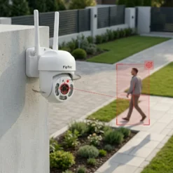 Бяла външна WiFi камера FipTec LO11, монтирана на стена, която автоматично следи движението на преминаващ човек в двора. Тази интелигентна охрана гарантира сигурност и ежедневно спокойствие чрез лесен контрол.
