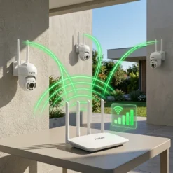 Трите външни WiFi камери FipTec LO11 са свързани безжично към мощен рутер, осигурявайки стабилен сигнал и цялостна охрана. Тази интелигентна система гарантира вашата сигурност и пълно спокойствие.