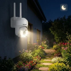 Външната безжична WiFi камера FipTec ярко осветява цветна градина и пътека през нощта с мощните си прожектори. Надеждната охрана на дома ви носи спокойствие и дискретна сигурност под звездното небе.