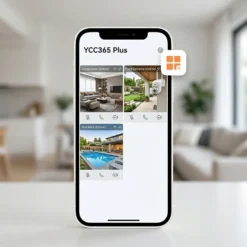 Смартфон с мобилно приложение YCC365 Plus, показващо три зони за видеонаблюдение с WiFi камери FipTec. Интуитивният интерфейс осигурява лесен контрол, надеждна защита и истинско семейно спокойствие.