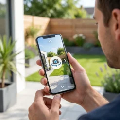 Потребител управлява своята WiFi камера FipTec през мобилно приложение, наблюдавайки двора в реално време. Интуитивният интерфейс гарантира лесен контрол и надеждна защита за вашето семейно спокойствие.