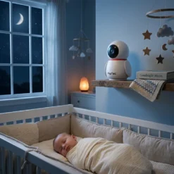 Смарт бебефон FipTec на дървен рафт в детска стая през нощта, наблюдаващ спокойно спящо бебе в кошара под лунна светлина. Осигурете пълна защита и истинско спокойствие за вашето семейство.