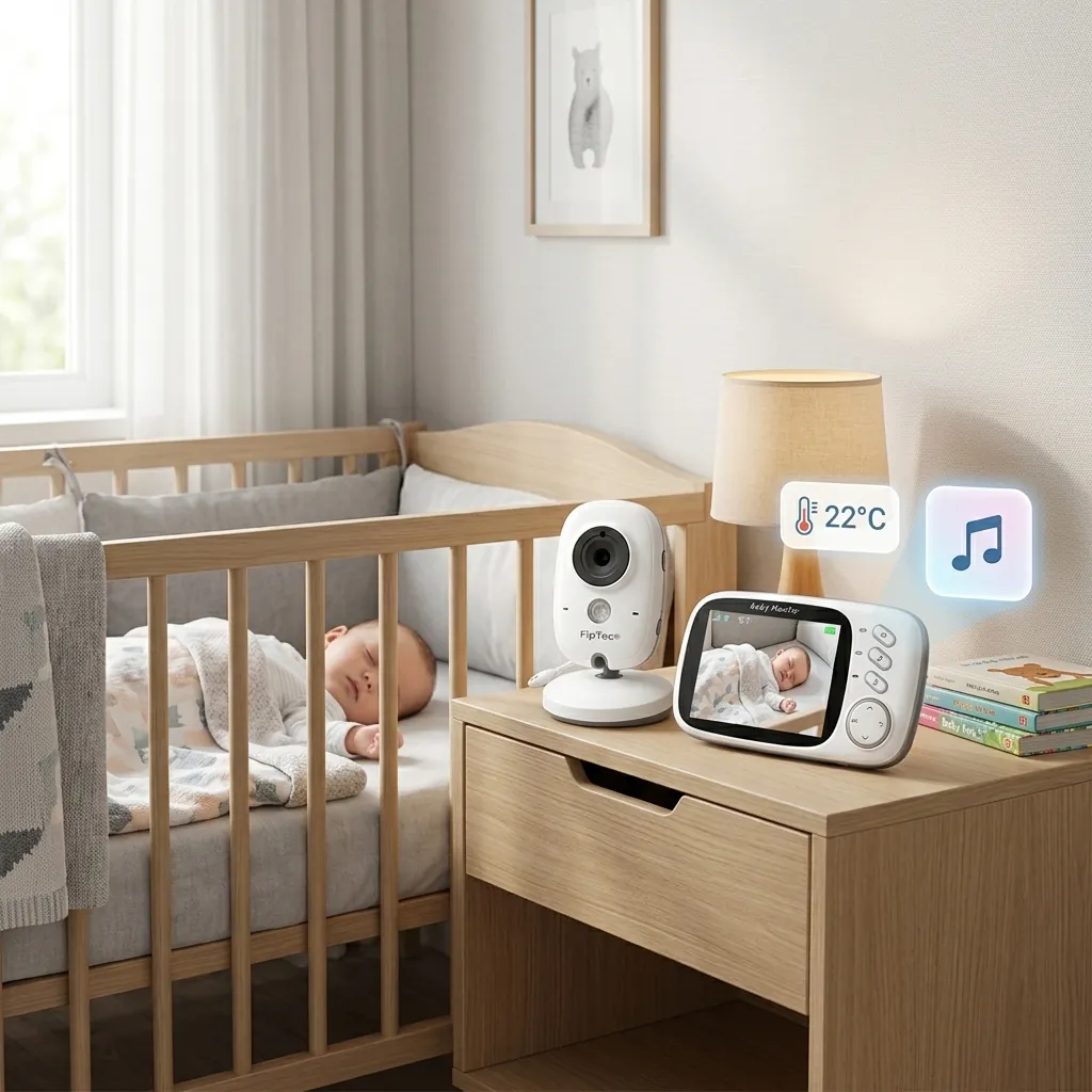 Смарт видео бебефон FipTec с камера и монитор, следящ температурата в стаята на спящото бебе. Тази система предлага нежна грижа и пълно спокойствие за родителите чрез лесен контрол.