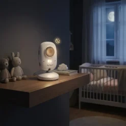 Смарт видео бебефон FipTec с включен нощен режим, поставен на дървен рафт в детска стая. Тази безжична охрана осигурява спокойно проследяване на съня на вашето дете през нощта, за пълно родителско спокойствие.