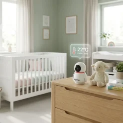 Смарт бебефон FipTec в уютна детска стая на скрин. Холограмен дисплей показва перфектна температура. Виждат се кошара, плюшена играчка и дневна светлина. Дискретен контрол за вашето спокойствие.