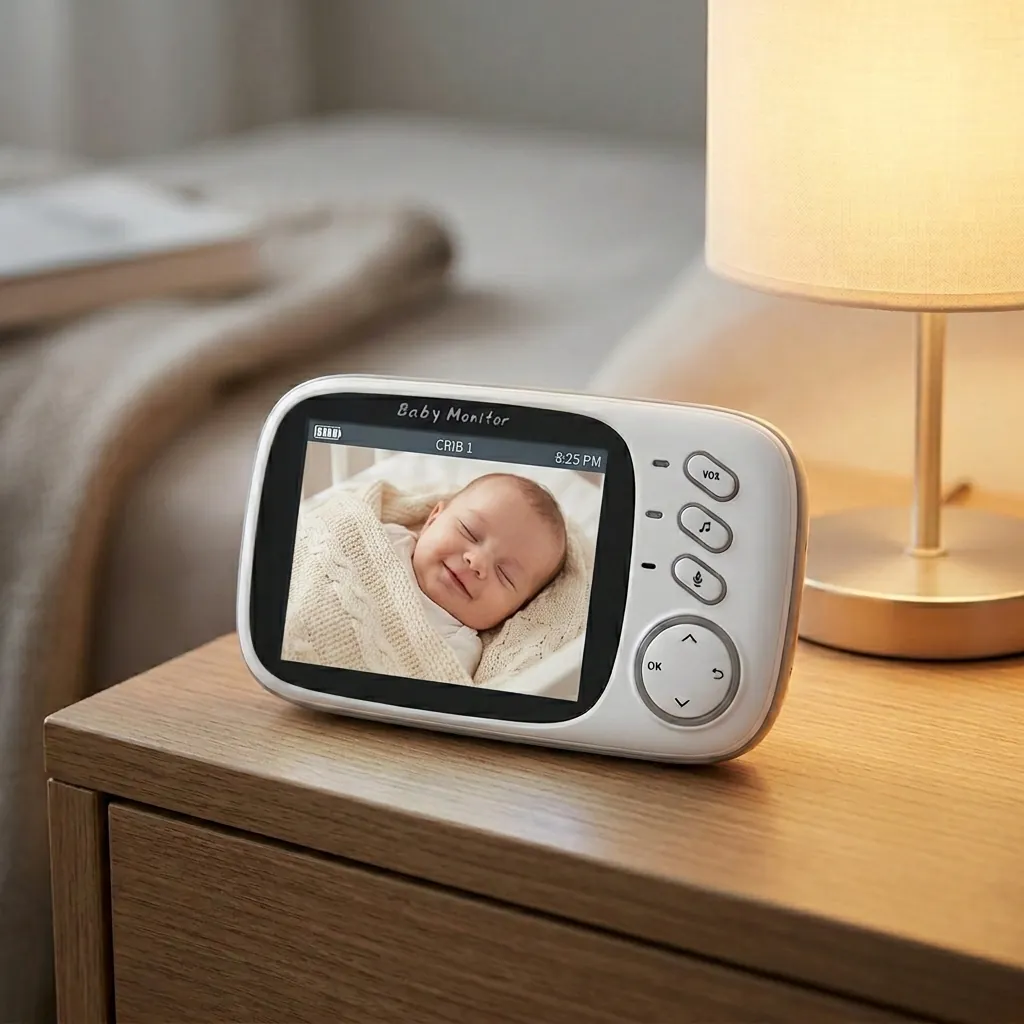 Видео бебефон FipTec, поставен върху дървено нощно шкафче до лампа, показващ усмихнато спящо бебе на дисплея. Осигурете си дискретна сигурност и пълно спокойствие за вашето дете с нашите интелигентни системи.