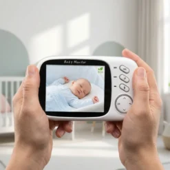 Близък план на ръце, държащи смарт видео бебефон FipTec, който показва спящо бебе в кошара. Тази безжична система гарантира спокойствие и сигурност за вашето дете с лесен контрол.
