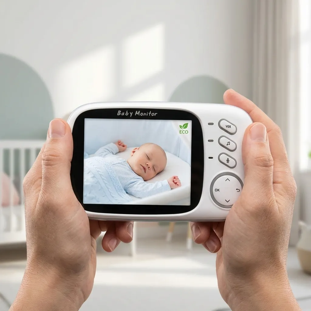 Близък план на ръце, държащи смарт видео бебефон FipTec, който показва спящо бебе в кошара. Тази безжична система гарантира спокойствие и сигурност за вашето дете с лесен контрол.