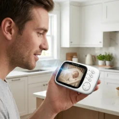 Баща в кухнята говори към безжичен смарт бебефон FipTec, който показва спящо бебе на екрана. Този лесен контрол осигурява пълно спокойствие за родителите.
