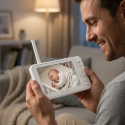 Усмихнат баща наблюдава своя видео бебефон FipTec, показващ спящо новородено в кошара. Осигурете си денонощна сигурност и пълно спокойствие за вашето дете с технологията за лесен контрол от разстояние.