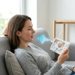 Майка използва двупосочната аудио връзка на своя смарт видео бебефон FipTec, за да успокои спящото си бебе от разстояние. Насладете се на пълно спокойствие и лесен контрол за вашето семейство.