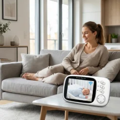 Усмихната майка си почива на дивана, докато наблюдава спящото си бебе през смарт видео бебефон FipTec. Насладете се на пълно спокойствие и надеждна сигурност с нашия лесен за контрол бебефон.