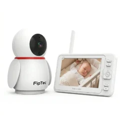 Видео бебефон FipTec с въртяща се камера и голям монитор, показващ спящо бебе в кошара. Осигурете си денонощно спокойствие и сигурност за вашето дете с лесен контрол и кристална картина.