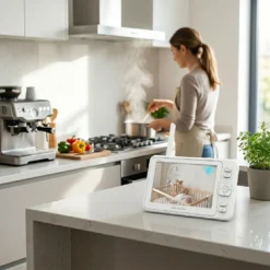 Дискретен видео бебефон FipTec на кухненски плот, предаващ картина от детската стая, докато родителят готви на заден план. Осигурете си пълно спокойствие и лесен контрол върху сигурността на вашето дете.