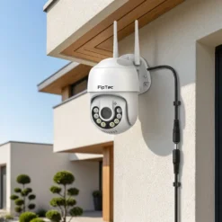 Бяла външна WiFi камера FipTec, монтирана професионално на фасадата на модерен дом под дървена стреха. Черният захранващ кабел е дискретно прикрепен, осигурявайки постоянна защита и пълно спокойствие.
