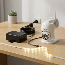 Бяла WiFi камера FipTec и водоустойчив захранващ адаптер върху дървена маса, демонстриращи лесна настройка на домашна охранителна система за вашата защита, гарантирайки спокойствие и надеждна сигурност във всяка стая.