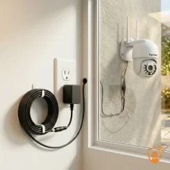 Външна WiFi камера FipTec, захранена през стената от вътрешен контакт с помощта на черен DC удължителен кабел. Лесен DIY монтаж за сигурна защита и пълно спокойствие на вашето семейство.