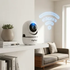 Бяла вътрешна смарт WiFi камера FipTec, разположена на етажерка в хол, поддържаща високоскоростна 5GHz връзка за плавно видеопредаване. Осигурете си надеждна охрана и интелигентна сигурност за вашето пълно спокойствие чрез стабилна и бърза безжична връзка в дома си.