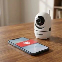 Смартфон с активно известие за аларма и малка бяла вътрешна смарт WiFi камера FipTec върху дървена маса. Осигурете си надеждна охрана и интелигентна сигурност за вашето пълно спокойствие чрез мигновени предупреждения за сигурност директно на вашия мобилен телефон.