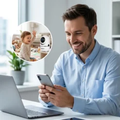 Усмихнат баща, наблюдаващ през смартфон своето дете, което маха на бяла вътрешна смарт WiFi камера FipTec в детската стая. Осигурете си надеждна охрана и интелигентна сигурност за вашето пълно спокойствие чрез постоянен видео мониторинг на любимите ви хора в реално време.