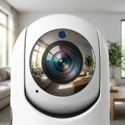 Близък план на обектива на бяла вътрешна смарт WiFi камера FipTec LV06W, отразяващ интериора на модерен хол. Осигурете си надеждна охрана и интелигентна сигурност за вашето пълно спокойствие чрез кристално ясно и широкоъгълно видеонаблюдение на вашия дом.