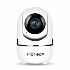 Бяла вътрешна смарт WiFi камера FipTec, представена на изчистен бял фон. Осигурете си надеждна охрана и интелигентна сигурност за вашето пълно спокойствие у дома чрез висококачествено видеонаблюдение.