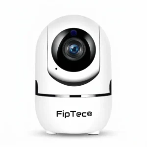 Бяла вътрешна смарт WiFi камера FipTec, представена на изчистен бял фон. Осигурете си надеждна охрана и интелигентна сигурност за вашето пълно спокойствие у дома чрез висококачествено видеонаблюдение.