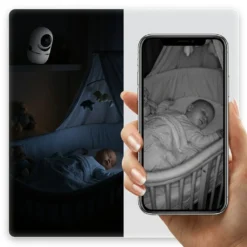 Разделен екран, показващ бяла вътрешна смарт WiFi камера FipTec в тъмна детска стая и ясен инфрачервен образ на спящо бебе върху смартфон. Осигурете си надеждна охрана и интелигентна сигурност за вашето пълно спокойствие чрез перфектно нощно виждане и мониторинг на вашето дете в реално време.