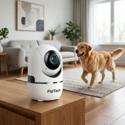 Бяла вътрешна смарт WiFi камера FipTec, демонстрираща функция за автоматично проследяване на движение на куче в хол. Осигурете си надеждна охрана и интелигентна сигурност за вашето пълно спокойствие чрез усъвършенствано засичане и мониторинг на вашите домашни любимци в реално време.