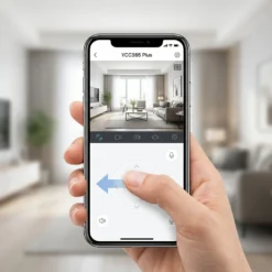 Ръка, държаща смартфон и управляваща дистанционно посоката на въртене на бяла вътрешна смарт WiFi камера FipTec през приложението YCC365 Plus. Осигурете си надеждна охрана и интелигентна сигурност за вашето пълно спокойствие чрез пълен контрол над ъгъла на наблюдение във вашия дом директно от мобилния ви телефон.