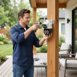 Мъж извършва лесен DIY монтаж на двуобективна WiFi камера FipTec върху дървена греда на веранда, осигурявайки надеждна защита и пълно спокойствие за своя дом и семейство.