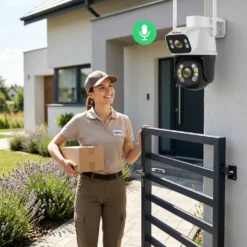 Външна двуобективна WiFi камера FipTec с двупосочно аудио, която позволява разговор с куриер пред дома, гарантирайки надеждна защита и пълно спокойствие за вашето семейство и имущество.