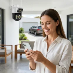 Усмихната жена контролира своята двуобективна WiFi камера FipTec през смартфон на терасата, наслаждавайки се на надеждна защита и пълно спокойствие за своя модерен дом и семейство.