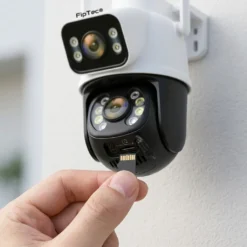 Ръка, която лесно поставя MicroSD карта в двуобективна WiFi камера FipTec за сигурен запис, осигурявайки надеждна защита и пълно спокойствие за вашия дом без сложни системи.