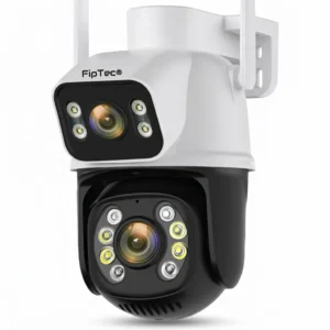 Иновативна безжична WiFi камера FipTec с два обектива на бял фон, осигуряваща надеждна защита и широкообхватно видеонаблюдение за вашето пълно спокойствие и лесен контрол на сигурността.