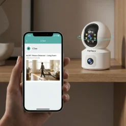 Ръка държи смартфон с известие за засечен човек от бяла смарт WiFi камера FipTec с две лещи и въртящ се обектив. Осигурете си надеждна охрана и интелигентна сигурност за вашето пълно спокойствие чрез лесен контрол.