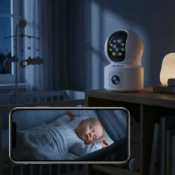 Бяла смарт WiFi камера FipTec с две лещи, показваща на смартфон детайлно нощно виждане на спящо бебе в детската стая. Осигурете си надеждна защита и дискретна сигурност за вашето пълно спокойствие.