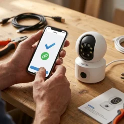 Ръце държат смартфон, показващ успешно свързване на бяла смарт WiFi камера FipTec с две лещи върху дървена работна маса. Насладете се на надеждна защита и лесен контрол за вашето пълно спокойствие.