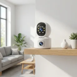 Бяла смарт WiFi камера FipTec с две лещи за детайлно наблюдение, разположена на дървен рафт в модерен хол. Осигурете си надеждна охрана и дискретна сигурност за вашето пълно спокойствие.
