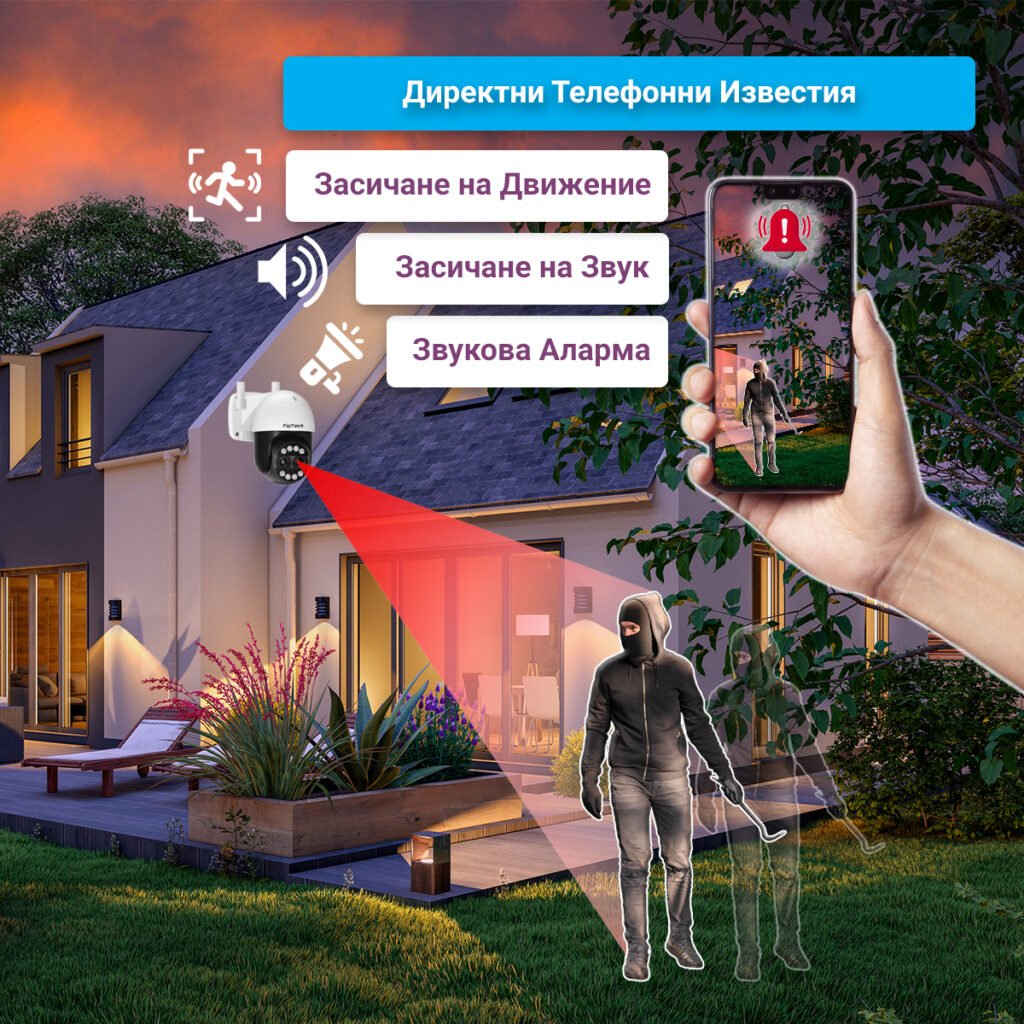 Камера за видеонаблюдение FipTec LO34 с 8х оптичен зуум и телефонни известия. Получавайте сигнали директно на вашия телефон при засичане на движение, за да сте винаги информирани.