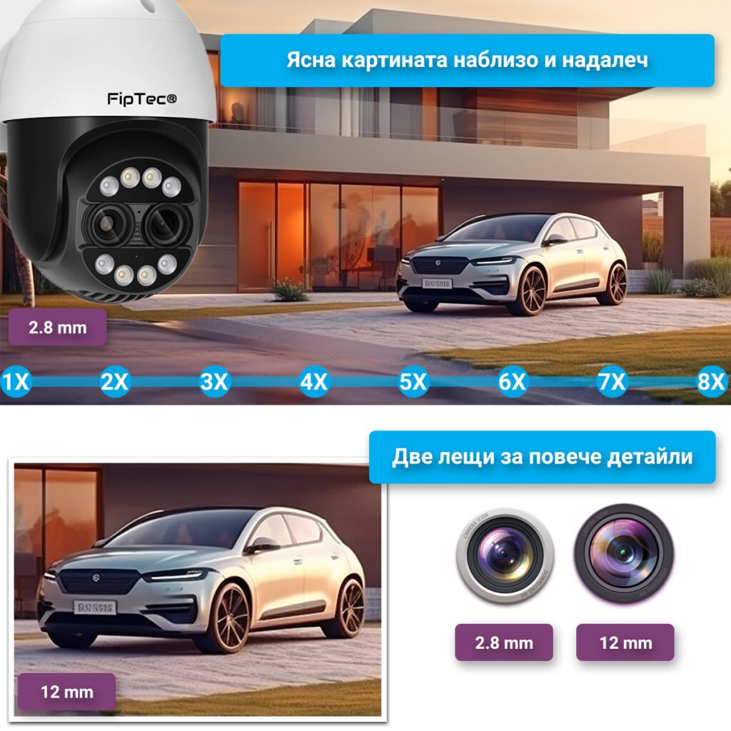 Камера за видеонаблюдение FipTec LO34 с 8х оптичен зуум, предоставяща ясна и детайлна картина. Високата резолюция и качественият обектив гарантират отлична видимост, дори при приближаване.