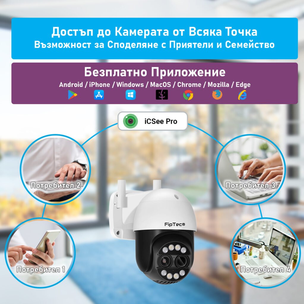 Камера за видеонаблюдение FipTec LO34 с 8х оптичен зуум и отдалечен достъп през телефон и компютър. Наблюдавайте и управлявайте камерата от разстояние, за максимално удобство и контрол.